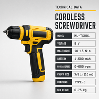Perceuse sans fil au lithium-ion 8V, 15 N.m, 0-600 tr/min, tournevis électrique USB, 10 mm, outil de bricolage pour la maison