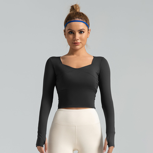 Activewear T <b>Long</b> <b>Sleeve</b> Padded Breathable Quick Dry Four-Way Stretch Crop <b>Top</b> Female Running Jogging <b>Tops</b> Sports Gym Shirts - Product Image 1