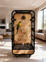 Grande cage à oiseaux de style villa, construction en fer et bois de luxe pour usage domestique, design peu encombrant avec verre transparent, anti-éclaboussures