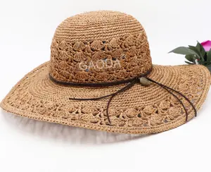 DS bán buôn thoáng khí gấp Raffia rơm Crochet Hat sombrero Lady hat với vành lớn
