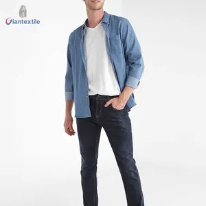 Camisa vaquera de algodón y poliéster para hombre, Camisa de manga larga a la moda, color azul sólido