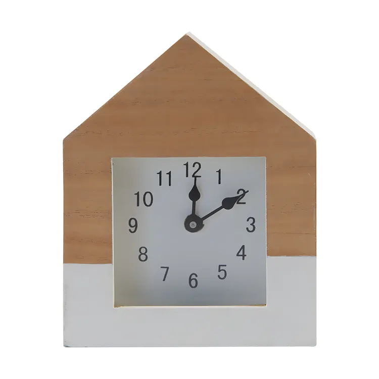 Horloge de table en bois de décoration en forme de maison en gros Horloge standard de haute qualité pour table et bureau