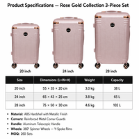 Valise de voyage en ABS à grain texturé, rose poudré, avec coins à rivets or rose, roues à 3 branches, personnalisable, fabrication OEM
