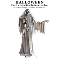 Décoration d'Halloween : Grand Zombie Tueur Électrique avec Capteur de Mouvement et Lanterne pour Décoration de Maison Hantée