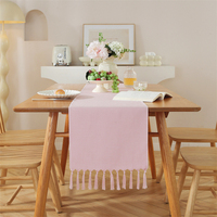 Chemin de table uni en polyester imitation lin avec pompons en bambou, longue bande, nappe simple à pompons
