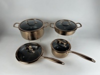 Ensemble de casseroles et poêles en acier inoxydable or rose à design martelé, couvercles en verre, revêtement antiadhésif, compatibles lave-vaisselle et four, pour gaz et induction