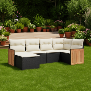 Ensemble de canapés de jardin noir et crème 6 places en rotin, mobilier d'extérieur avec panneaux en teck, design contemporain - Product Image 2