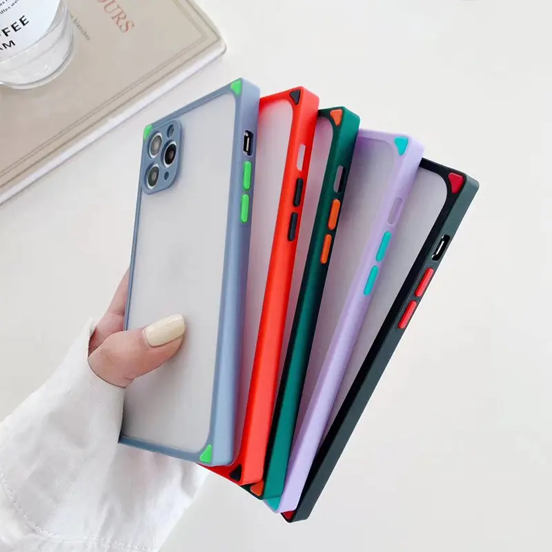square designer hard cases for iphone 11 pro max, matte translucent case colored buttons for iphone 12