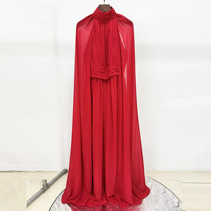 Gaun Pesta Panjang Lipit Bahan Sifon Model Terbaru 2025, Gaun Malam Kerah Bulat Warna Merah, Gaun Pesta Elegan Panjang Menyentuh Lantai - Product Image 2