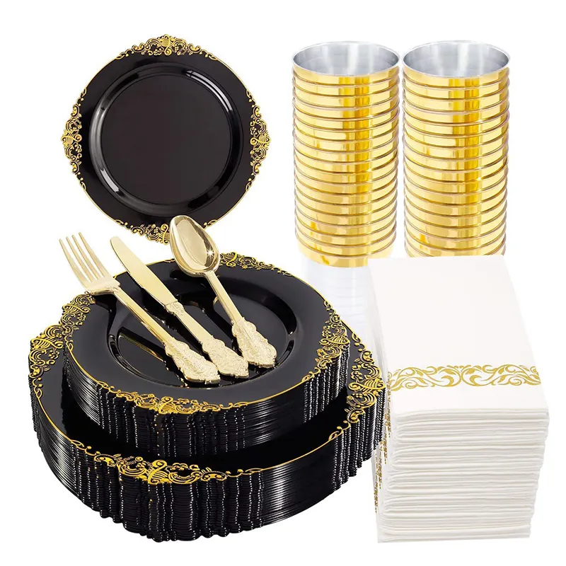 Juego de platos de boda en relieve, Platos y platos, juegos de platos de vajilla de plástico negro y dorado para boda
