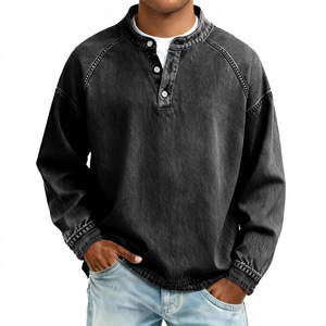 Camiseta Henley Vintage con Lavado Ácido para Hombre, Corte Holgado, Algodón Grueso, Retro, Manga Larga, Estilo Urbano - Product Image 3