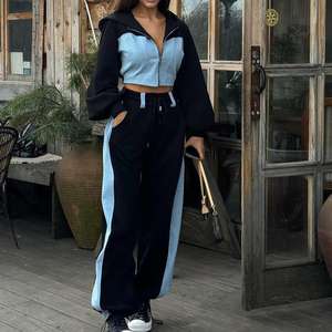 Setelan 2 Potong Atasan Crop Hoodie Berbahan Denim Patchwork dengan Ritsleting dan Celana Panjang untuk Wanita - Product Image 1