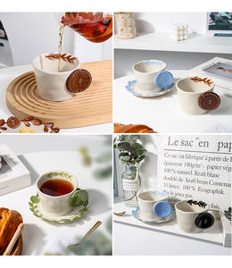 En gros, Tasse à café créative en céramique peinte à la main, personnalisée, avec soucoupe et anse à motif floral gaufré - Product Image 6