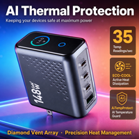 Chargeur GaN de bureau 148W avec affichage numérique, 4 ports PD3.1 QC4.0, charge ultra-rapide, certifié CE FCC RoHS pour OEM/ODM, logo personnalisé