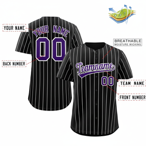 เสื้อเบสบอลมีกระดุมลายปักที่กำหนดเองพิมพ์หมายเลขชื่อส่วนบุคคลลายทางสีดำ/ สีขาว/สีม่วง - Product Image 1