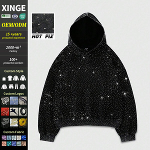 Sweat à capuche Y2K oversize noir délavé personnalisé style streetwear avec imprimé graphique en strass, coupe courte et épaules tombantes pour homme - Product Image 1