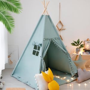 Tente de jeu pliable pour enfants, en toile de coton, avec bordure à pompons, pour l'intérieur - Product Image 2