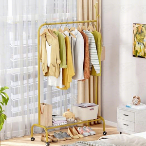 Perchero Metálico Amarillo Minimalista con Ruedas, Estante de Almacenamiento de Dos Niveles, Diseño Multifuncional - Product Image 3
