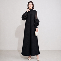 Robe longue plissée à col montant pour femme, avec volants 3D sculpturaux, manches longues, plissé vertical, élégante et modeste, vente en gros