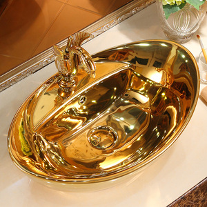 Lavabo de salle de bains en plaqué or, 1 pièce, style européen de luxe, pour hôtel maison, en céramique - Product Image 2