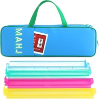Bolsa de Almacenamiento para Fichas de Mahjong Oxford Azul Claro, con Ribete y Asas Rosas, Letras MAHJ Verticales, Bolsillo Frontal