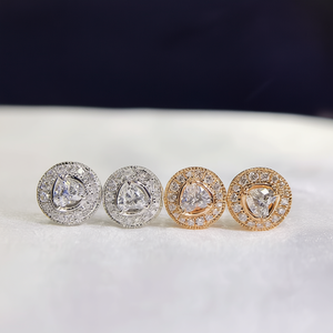 Orecchini a lobo classici in oro massiccio 18 carati con diamanti taglio trilione, placcati oro rosa, montatura circolare, gioielli da sposa da donna - Product Image 2