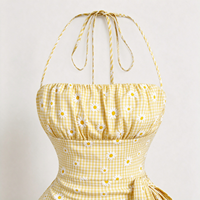 Gaun Mini Wanita Formal Vintage Musim Semi Gugur Motif Kotak-kotak Kuning dengan Pita di Leher, Aksen Kerut di Bagian Atas, Ikat Samping, dan Rok Berlapis Ruffle