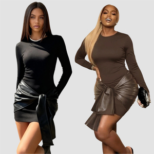 Fashion Casual Solid Color Dress - Long Sleeve Bodycon with Leather Panels Lace-Up Detail Mature Sexy Pullover <b>Mini</b> Dress - Product Image 2