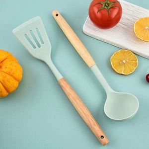 Raybin Wholesale 12 Pcs Kitchen Cooking Utensil Set Holder Baking Gadget Nonstick Silicone Spatula <b>Kitchenware</b> With Wood Handle - Product Image 5