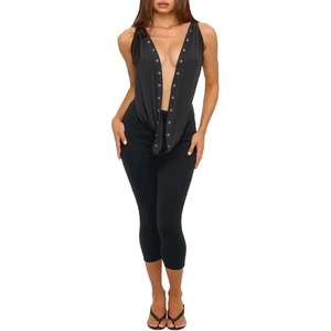Conjunto de Dos Piezas Negro Personalizado 2026 para Mujer, Top Halter sin Espalda y Pantalones Ajustados, Ropa Sexy para Club, Tela Jersey para Adultos - Product Image 1
