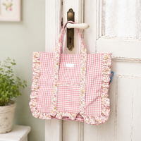 Sac fourre-tout en coton style Cottagecore avec motif bonbons, fermeture éclair, mignon, vert et bleu, pour couleurs rouges, bords à volants - Vente en gros, faible MOQ