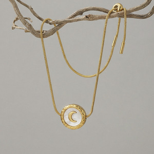 Hammered Rim Round Coin <b>White</b> MOP Crescent Moon Fine Snake Chain <b>Bracelet</b> - Product Image 1