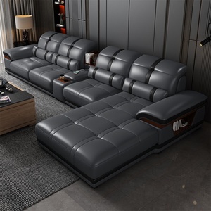 Ensemble de canapés en cuir de luxe léger et minimaliste moderne, combinaison d'angle en bois massif, éponge, pour petits salons, tissu technique haut de gamme, USB - Product Image 2