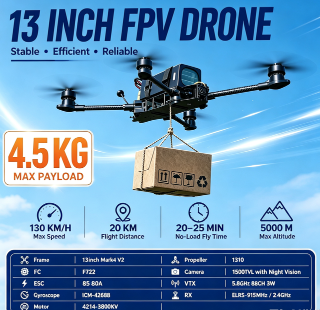13inch Mark4 V3 Heavy Lift Drone 8KG Payload 20km Long Range FPV Drone with Night Vision Camera for Industrial Delivery