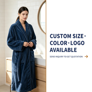 Accappatoio Personalizzato con Logo e Collo <span class=keywords><strong>a</strong></span> Scialle <span class=keywords><strong>in</strong></span> Pile Corallo Blu Scuro Spesso Super Morbido per Uso Quotidiano da Donna - Product Image 6