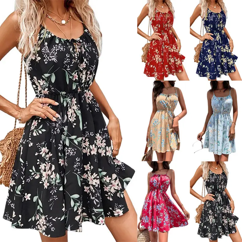 Cheap Summer Women Casual Dress Elegant Slim Ladies Sleeveless Frocks Pullover Floral Dresses Print Sundress 2022 Womens Dress