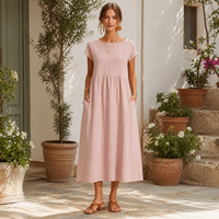 Robe midi rose pour femme, col bateau, manches courtes, taille froncée, coupe trapèze, poches latérales, plage, été, décontractée, vente en gros, OEM