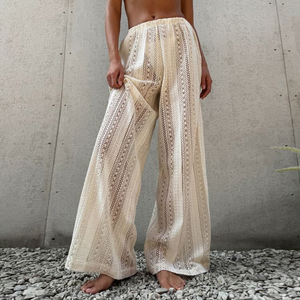 Pantalons en crochet pour femmes de style bohème avec motif rayé, pantalon large décontracté confortable pour l'été - Product Image 1