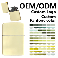 Briquet à kérosène en laiton personnalisé avec logo OEM, dessus plat, coupe-vent, briquet à huile pour cigarettes, couleur Pantone personnalisée, boîte cadeau disponible en stock