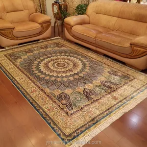 6x9 Blue Yellow Pure Handmade Persian Silk Carpets and Rugs Medallion Traditional Floral Qum Design with Designer Signature