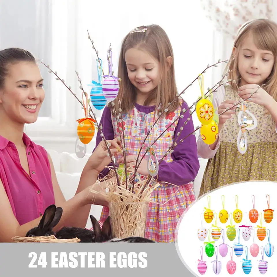 24 pièces œufs de pâques suspendus en plastique coloré, œufs de pâques suspendus ornements décor de pâques