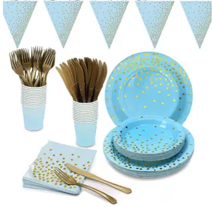 Vintage Blue-themed Party Supplies Including Paper Plates Napkins Cup Party Decoration Festival Decoration Letterpress Printing