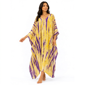 Vestido Maxi Amarillo y Morado con Estampado Tie-Dye, 100% Algodón, Cuello en V, Estilo Bohemio, Largo hasta el Suelo, para Mujer, Ideal para Fiestas, Corte Moderno - Product Image 1