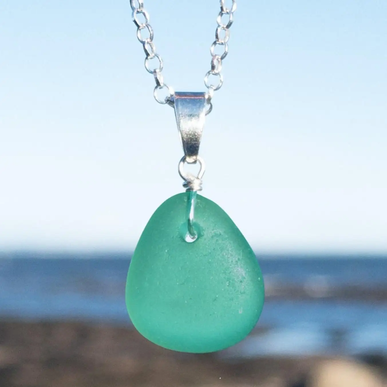 Natural Floating Sea Glass Jewelry Handmade Ocean Blue Colored Environmental Coastal Beach Seaside Glass Beads Necklace Pendant