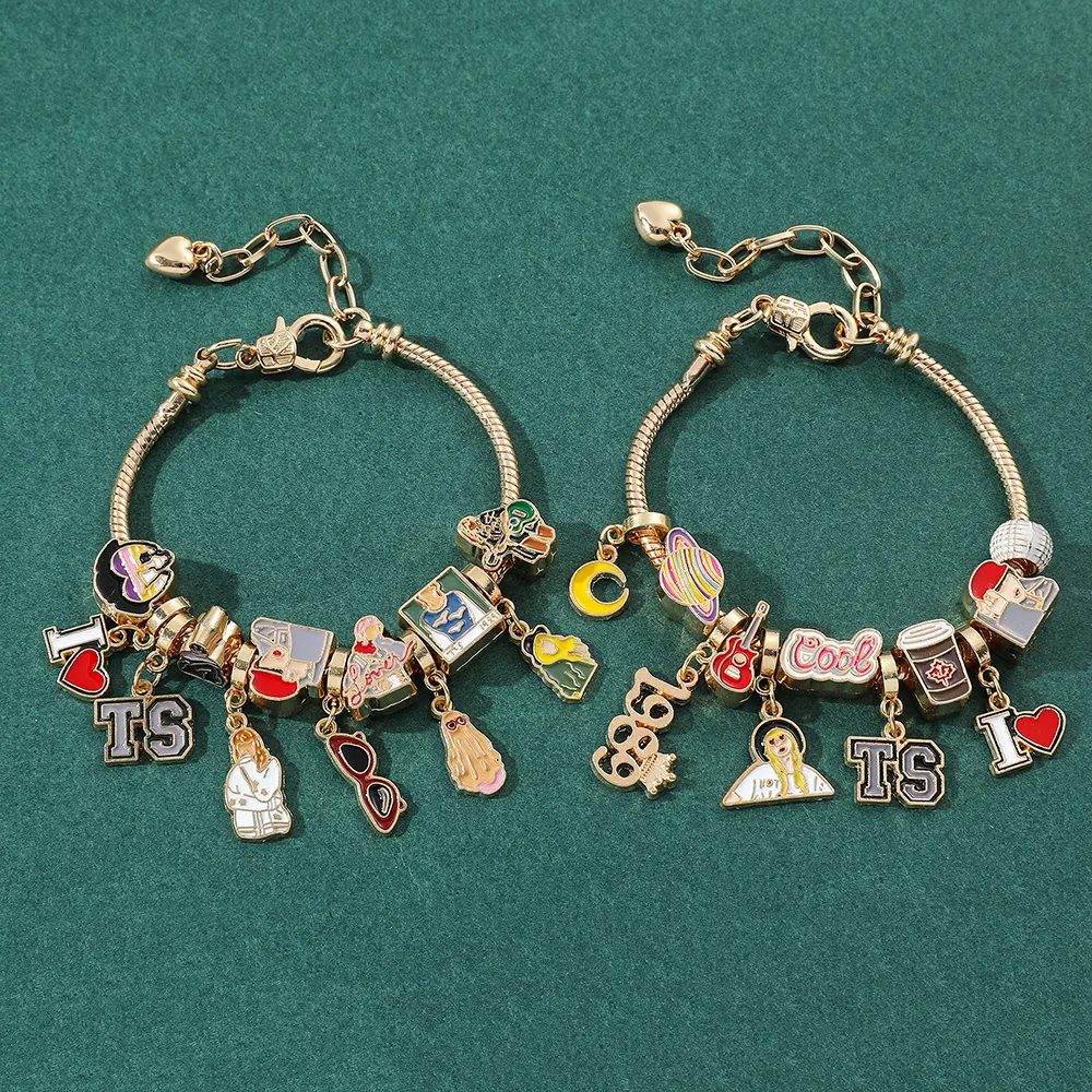 New 1988 American Singer Beaded DIY Gold Plated Charm Bracelet Trendy Geometric Pattern for Gift or Party Wholesale Jewelry