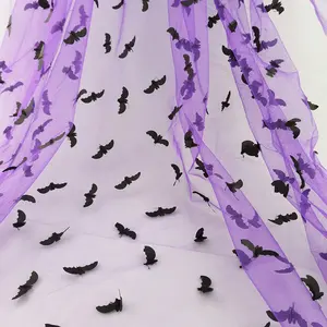 紫と黒のバット3D刺繍生地ハロウィーン用