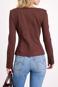 Women's Brown Square Collar <b>Blazer</b> Full Sleeve Button Front Anti-Wrinkle Solid Color Autumn Wear - Product Image 4
