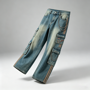 Jeans Cargo Larghi da <span class=keywords><strong>Uomo</strong></span> <span class=keywords><strong>con</strong></span> <span class=keywords><strong>Tasche</strong></span> Multiple, Ricamo Drago, Strisce <span class=keywords><strong>Laterali</strong></span> e Decorazioni a Catena Stile Y2K - Product Image 1