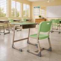 Ensemble de mobilier de classe : Bureau et chaise d'élève avec cadre en acier, assise en HDPE, table en MDF, rangement pour livres et dossier arrondi