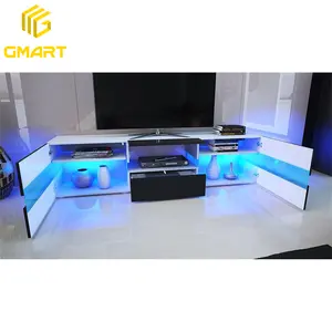 Gmart ตกแต่งห้องรับแขกที่ดีงามสีแดงแก้วสูงและไม้2ชั้นโต๊ะตู้ทีวีและขาตั้งทีวีพร้อมไฟ LED